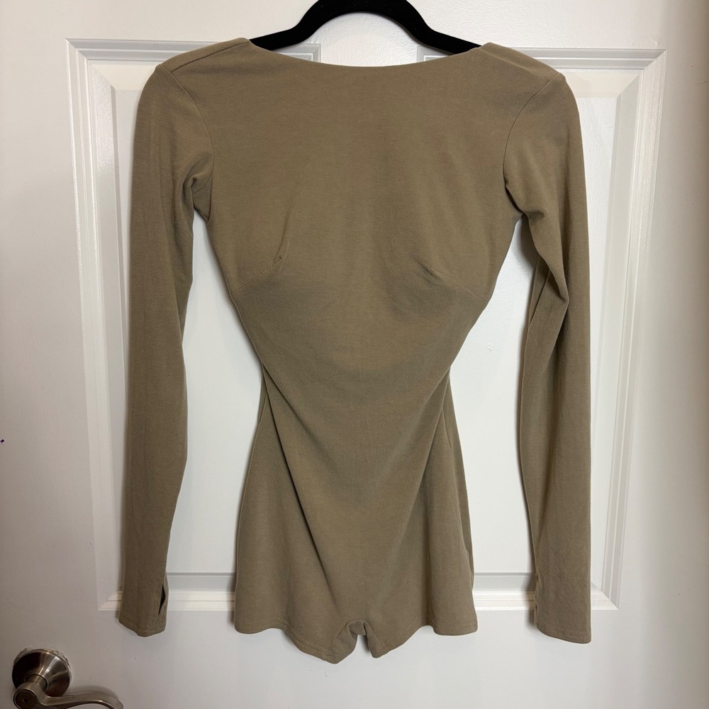 ZYM Dance Style Long Sleeve Open Back Romper with Built-in Bra Tan Olive Size M